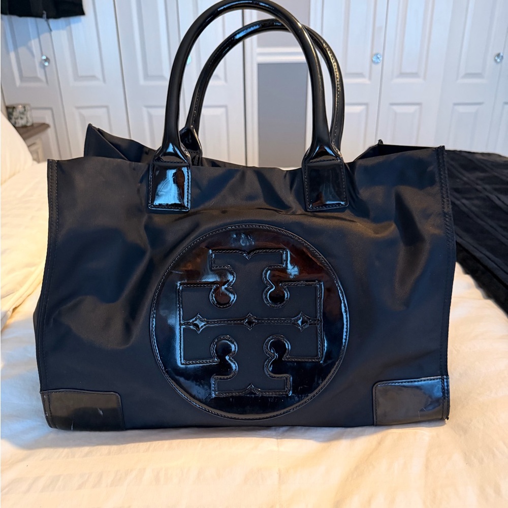 Tory Burch Black Patent Logo Tote